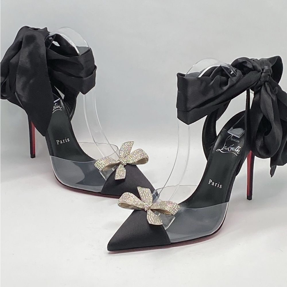 Christian Louboutin ASTRINODO DU DESERT Crystal Bow Silk Tie Heels size 39